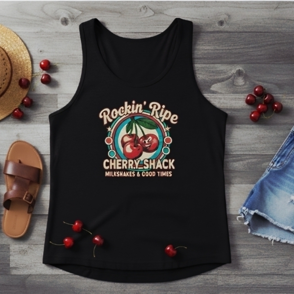 Retro Cherry Shack Tank Top • Rockin’ Ripe Cherries Graphic • Vintage Diner - Picture 1 of 15